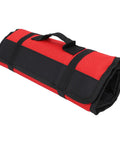 Portable Canvas Knife Roll With 20 Slots For Chefs And Home Cooks shown rolled up in red and black canvas with handle.