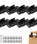 Heavy Duty Stainless Steel Corner Brackets For Real World Furniture, Zero Stress Quick Fit Locking Inserts With All Necessary Screws, Matte Black hardware kit with eight brackets and screws.