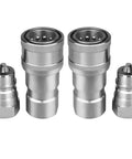 Front view of four silver hydraulic quick-connect couplers with 1/4 in NPT threads and dust caps