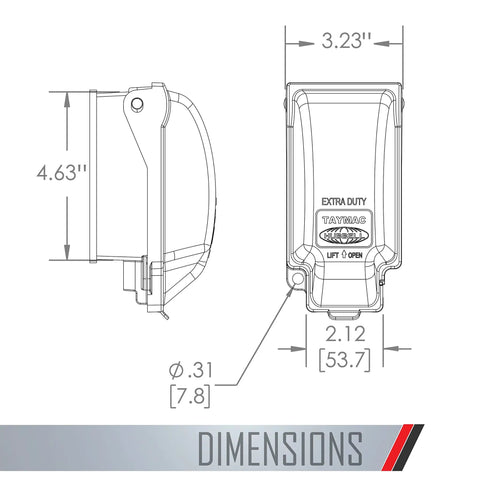 Tough As Nails One Gang Weatherproof In Use Outlet Cover dimensions drawing, 4.63" height, 3.23" width, gray aluminum.