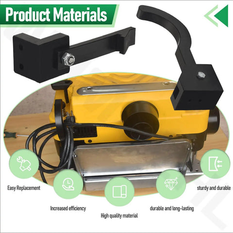 Collapsible Dust Hose Guide And Outfeed Hook For Dw735 Planers showing durable black material mounted on yellow planer.