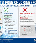 Free Chlorine Test Strips on packaging with test usage instructions for safe drinking water applications.