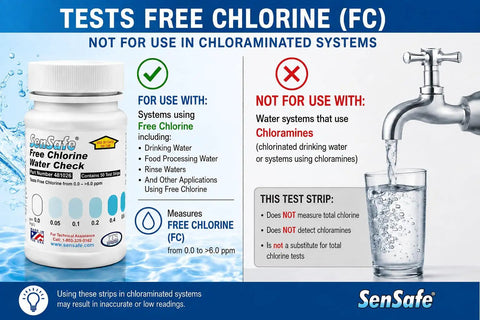 Free Chlorine Test Strips on packaging with test usage instructions for safe drinking water applications.