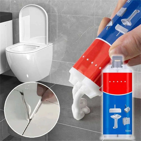 All Purpose Tile Crack Filler Adhesive For Tiles And Surfaces High Strength Repair Paste For Ceramic Porcelain Glass Fiberglass And Stone Quick Set Smooth Spreading Durable Bond Glossy Finish Fast Acting Repair 50ml tube shown in use on tile and bathroom surfaces.