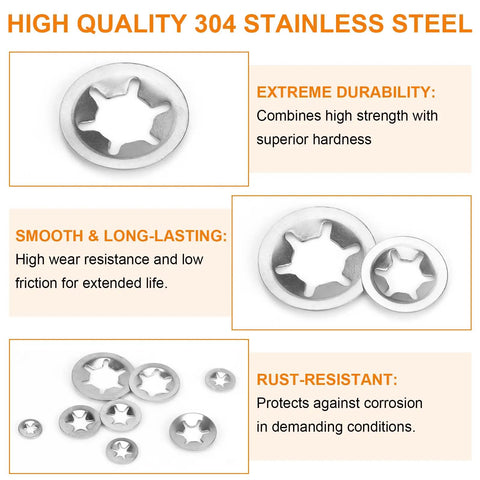 Internal Tooth Star Lock Washers Kit Pack With 258 Pieces In 8 Sizes M2.5 To M12 304 Stainless Steel Quick Lock Washers show durability and strength