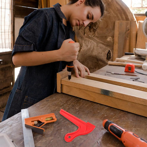 Carpenter using tools with 4 Pack Safety Push Sticks For Table Saw Woodworking Push Blocks Hand Guard For Carpentry Projects visible on table.