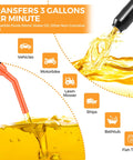 Front view of orange-red 3GPM portable siphon pump with oil transfer nozzle dispensing yellow liquid.