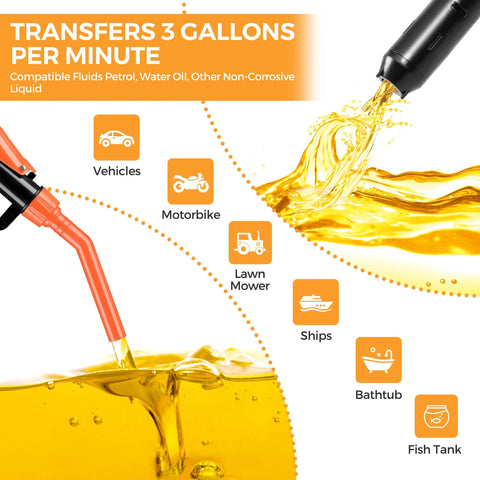 Front view of orange-red 3GPM portable siphon pump with oil transfer nozzle dispensing yellow liquid.