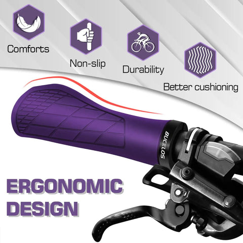 Close-up of ergonomic black and purple Single Lock-On Mountain Bike Grips, Anti-Slip Handlebar Grips with cushioned support.