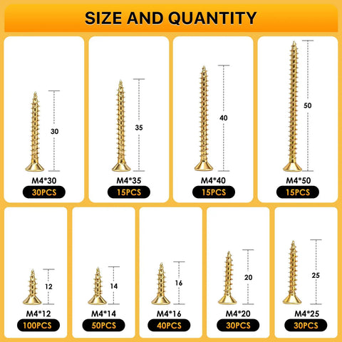 Nine Size M4 Wood Screws Set For Woodworking And Furniture Repairs 325 Piece Zinc Plated Self Tapping Phillips Flat Head Screws Kit