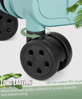 Close-up of suitcase with "Luggage Replacement Wheels Set Two 50mm Spinner Double Row Casters For Suitcases DIY Repair Spare Parts Compatible With Model VLN5 Not Suitable For Bottom Housing Holes Smaller Than 2.5 cm" installed, showing 360-degree rotation capability.
