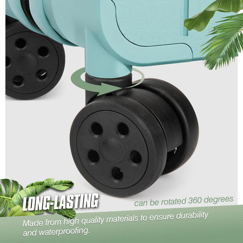 Close-up of suitcase with "Luggage Replacement Wheels Set Two 50mm Spinner Double Row Casters For Suitcases DIY Repair Spare Parts Compatible With Model VLN5 Not Suitable For Bottom Housing Holes Smaller Than 2.5 cm" installed, showing 360-degree rotation capability.