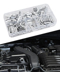 Bulk Pack Of 200 Premium Bare Copper Butt Connectors Non Insulated Crimp Terminals For 22 To 10 Awg Wire Splice Ferrules With Tin Plating For Max Conductivity And Durability Perfect For Car Mods And Pro Auto Repairs. clear organizer box with silver butt connectors above car engine bay