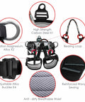 Diagram of Beefed Up Tree Climbing Harness With Padded Waist And Leg Straps Large Size 300kg Weight Limit 25kN Breaking Strength Nylon Gear