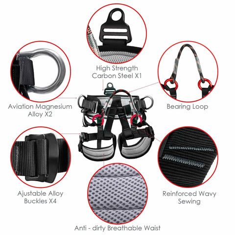 Diagram of Beefed Up Tree Climbing Harness With Padded Waist And Leg Straps Large Size 300kg Weight Limit 25kN Breaking Strength Nylon Gear