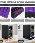 Studio Monitor Isolation Pads 2 Pack For 3 To 4.5 Inch Speakers 9 By 6.3 By 2 Inches Subwoofer Wedge With Purple Felt And 1.6 Inch Foam Riser Vibration Dampers For Desktop Home Theater showing before and after vibration dampening effect.