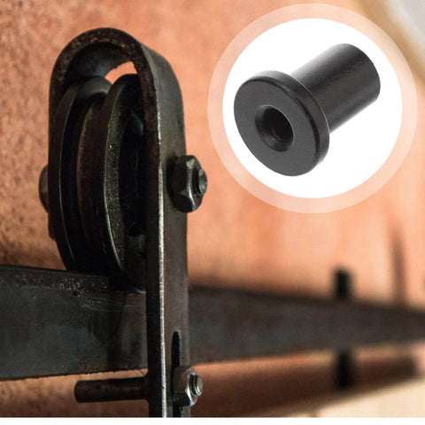 Close-up of Five Pack Sliding Barn Door Spacers Track Wall Mount Replacement Kit Black Connectors in use on barn door track