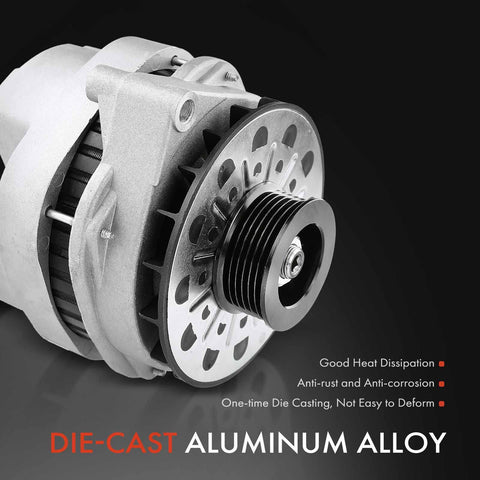 Alternator Replacement For Chevy Camaro And Pontiac Firebird 1994-1997 V8 5.7L 12V 140Amp Clockwise 6-Groove Pulley Direct OEM-Style Replacement For Long-Lasting Reliability Fits 10463523 10480203 in die-cast aluminum alloy showing pulley side with text describing features including good heat dissipation.