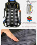 Back view of 65L Outdoor Waterproof Backpack For Camping And Climbing Wear Resistant Nylon Hiking Mountaineering Pack With Ergonomic Padded Straps showing air flow system and material layers.