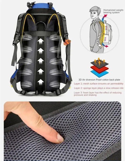 Back view of 65L Outdoor Waterproof Backpack For Camping And Climbing Wear Resistant Nylon Hiking Mountaineering Pack With Ergonomic Padded Straps showing air flow system and material layers.