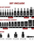 32 Piece Torx Bit Socket Set With Female External Sockets, 14 Star Bits T8 To T70 And 13 E-Torx Sockets E4 To E24, Includes 5 Impact Adapters, Heavy Duty Chrome-Vanadium Steel With Black Phosphate Finish product layout