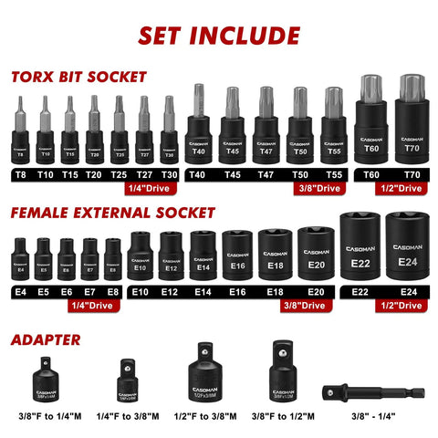 32 Piece Torx Bit Socket Set With Female External Sockets, 14 Star Bits T8 To T70 And 13 E-Torx Sockets E4 To E24, Includes 5 Impact Adapters, Heavy Duty Chrome-Vanadium Steel With Black Phosphate Finish product layout