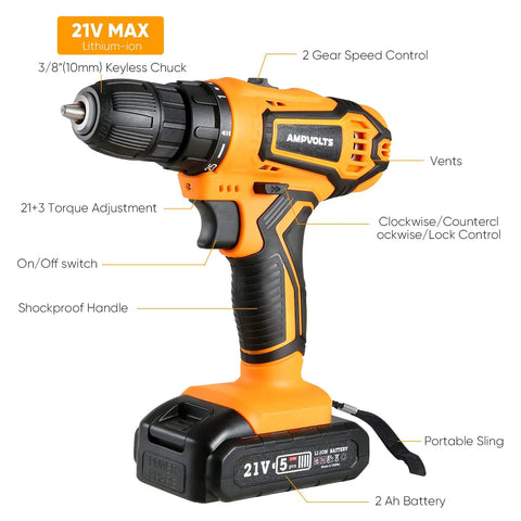 21V Max Cordless Drill Kit with Three Eighths Inch Metal Chuck, Variable Speed 0 To 350 RPM And 0 To 1400 RPM, 2.0Ah Battery