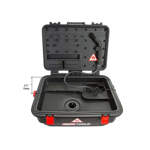 Heavy Duty Portable Parts Washer with black plastic tank, 3.5 inches deep, for efficient cleaning of tools and engine parts.