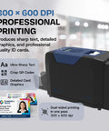 Slick Dual Sided ID Card Printer Delivers Straight Photo Quality Prints At 300 By 600 DPI with identification cards displaying sharp graphics.