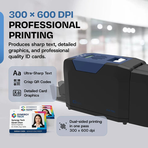 Slick Dual Sided ID Card Printer Delivers Straight Photo Quality Prints At 300 By 600 DPI with identification cards displaying sharp graphics.