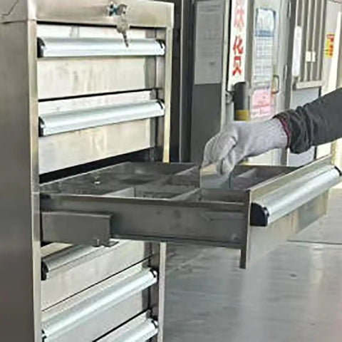 Built Like Beef Rolling Steel Tool Cabinet With Grip Tight Locking Drawers, metal drawer opening for tool storage use.