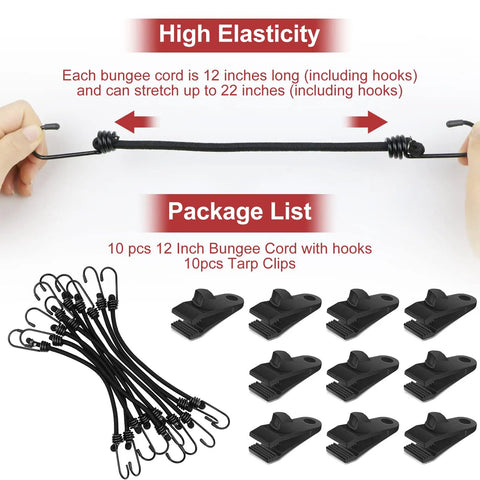 Product image showing Beefed Up 12 Inch Bungee Cords With Hooks And 10 Tarp Clips, highlighting elasticity and full package contents.