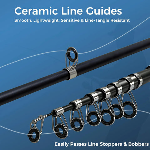 Close-up of ceramic line guides on Telescopic Fishing Rod And Reel Combo With Carrier Bag For Freshwater Angling Lightweight Two Piece