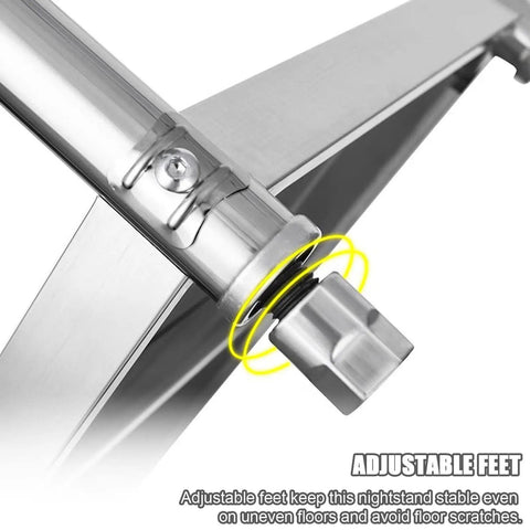 Close-up of adjustable foot on Heavy Duty Stainless Steel Shelving Unit Badass Three Shelf Storage Rack for Kitchen Garage.
