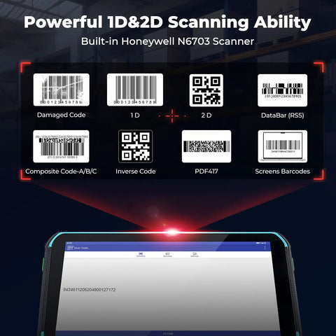 Heavy Duty 8 Inch Rugged Android 13 Tablet With Integrated Barcode Scanner displaying various barcode types and scanning options.