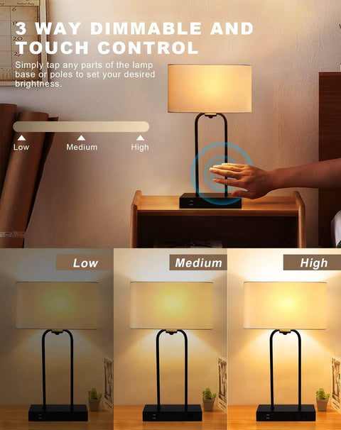 Two Pack Bedside Table Lamps With USB Ports And AC Outlet, 20 Inch Touch Control, 3 Way Dimmable with Cream Fabric Shade