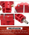 Close-up of Universal Pneumatic CV Joint Boot Installation Tool Kit's expander rod and components, red color, metal fittings visible.