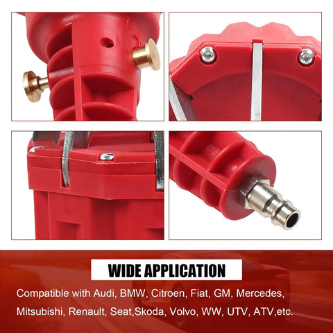 Close-up of Universal Pneumatic CV Joint Boot Installation Tool Kit's expander rod and components, red color, metal fittings visible.