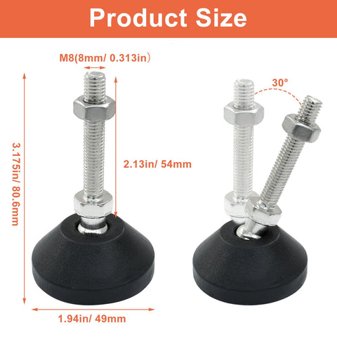Heavy Duty M8 Thread Leveling Feet Four Pack Featuring A Wide Fifty Millimeter Base And Badass Eighty Millimeter Height close-up with dimensions shown.