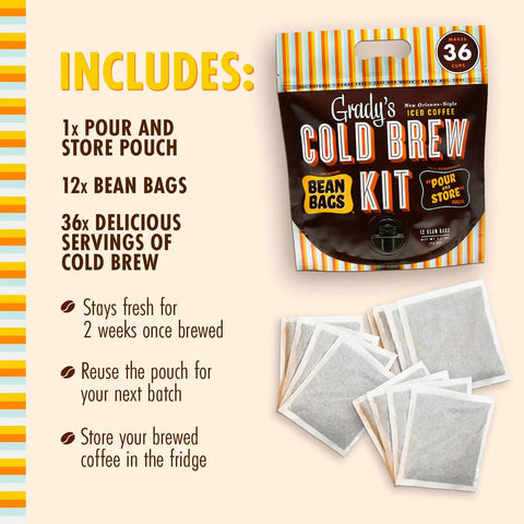 New Orleans Style Cold Brew Kit With Chicory Pouches And 100 Percent Arabica Ground Coffee, 36 serving pack with bean bags