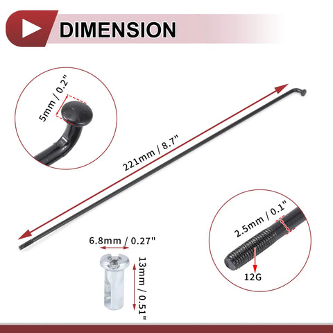 Dimensions of 36 Piece 12G Bicycle Spokes Set, 221mm Length, 45 Steel Black, Nipple Thread 12G