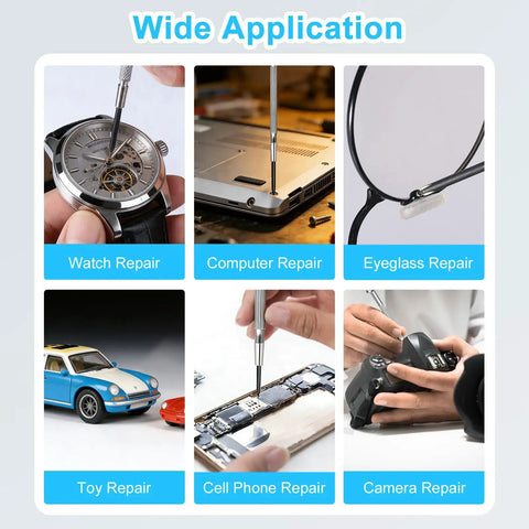 Image showing various repairs using 11 Piece Mini Precision Screwdriver Set With Slotted And Phillips Bits: watches, computers, eyeglasses.