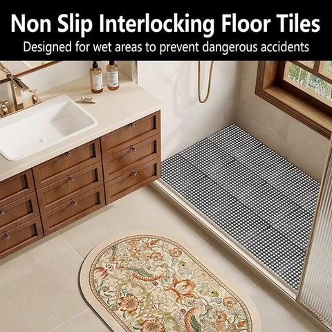 Bathroom scene with Interlocking 12x12 Inch Floor Tiles 12 Pack Soft PVC Non Slip Drainage Tiles With Holes For Bathroom, Pool Deck, Gym, Garage, Kitchen And Wet Areas, Easy Splicing Anti Fatigue Mat, Black installed in shower area.