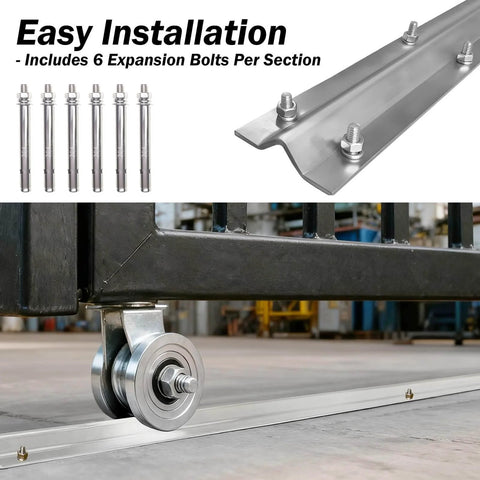 Heavy Duty 12 Foot V Track For Sliding Gates In Galvanized Steel Inverted V Groove Rail With Hammer Drive Anchors Rust Resistant Rolling Gate Track For Driveways Durable Gate System Upgrade For Residential And Commercial Use close-up view with expansion bolts