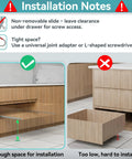 Installation notes for Heavy Duty 10 Inch Bottom Mount Soft Close Drawer Slides, showing clearance and tight space tips.