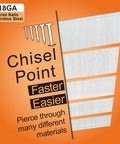18 Gauge Stainless Steel Brad Nails, 1200-Count, Assorted 2 Inch, 1-1/4 Inch, 3/4 Inch Sizes (400 Each), shown with chisel point design