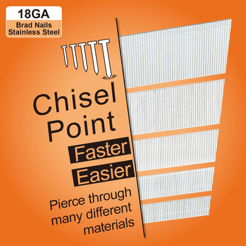 18 Gauge Stainless Steel Brad Nails, 1200-Count, Assorted 2 Inch, 1-1/4 Inch, 3/4 Inch Sizes (400 Each), shown with chisel point design