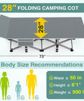 Heavy Duty Portable Camping Cot With Mattress For Adults Foldable Padded Sleeping Cot dimensions and body size guide
