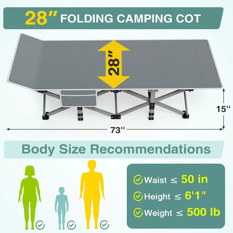 Heavy Duty Portable Camping Cot With Mattress For Adults Foldable Padded Sleeping Cot dimensions and body size guide