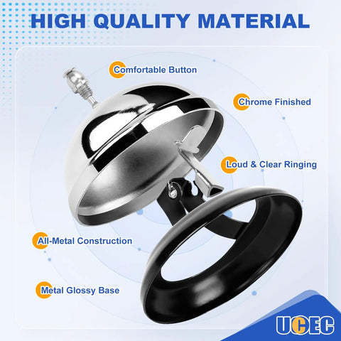 Desk Bell For Service And Reception With Ring Sign, Clear Call Bell For Front Desk, Office, Hotel, Hospital, School, Dinner Bell, Easy To Use, Loud Ring, Double-Sided Sign For Assistance; chrome metal bell shown with base